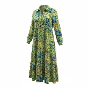 Vibrant Green and Blue Long Sleeve Maxi Dress
